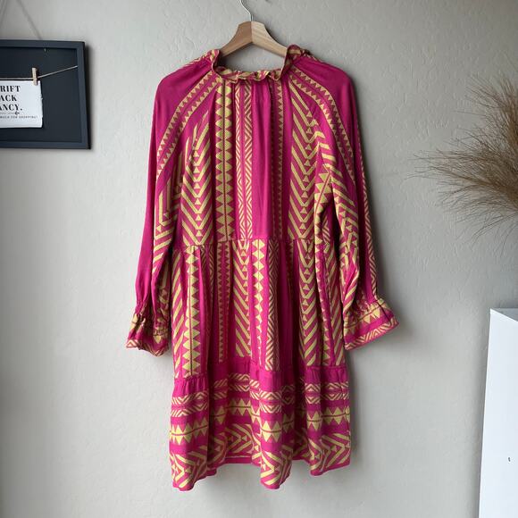 Anthropologie Maeve Dress Pink Yellow Geo Boho Print Tassel Tunic Mini Dress XS‎ - Picture 7 of 9